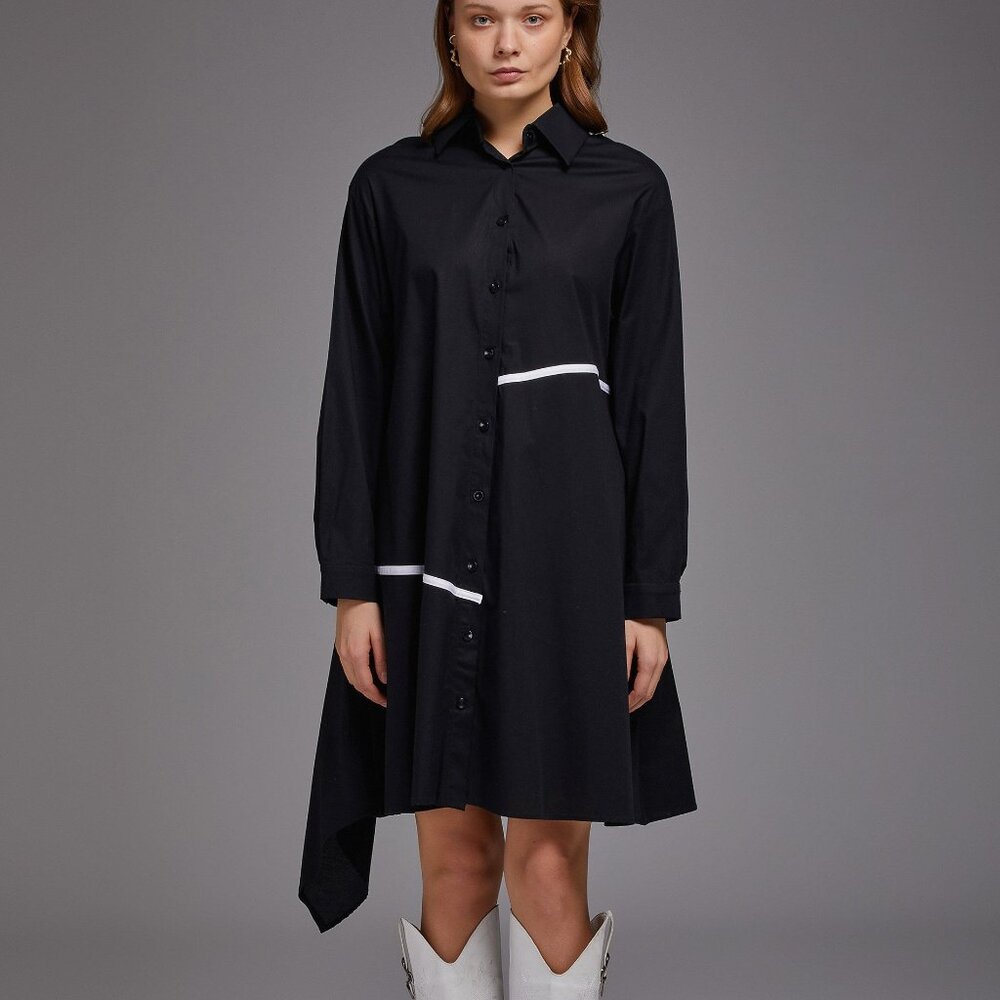 Vor Nisantasi NWOT asymmetrical black white button down ruffle zip shirt dress L - Picture 3 of 16